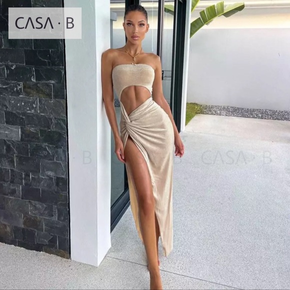 CASA B| Cocktails In Capri High Slit Champagne Shimmer Dress - Picture 6 of 6